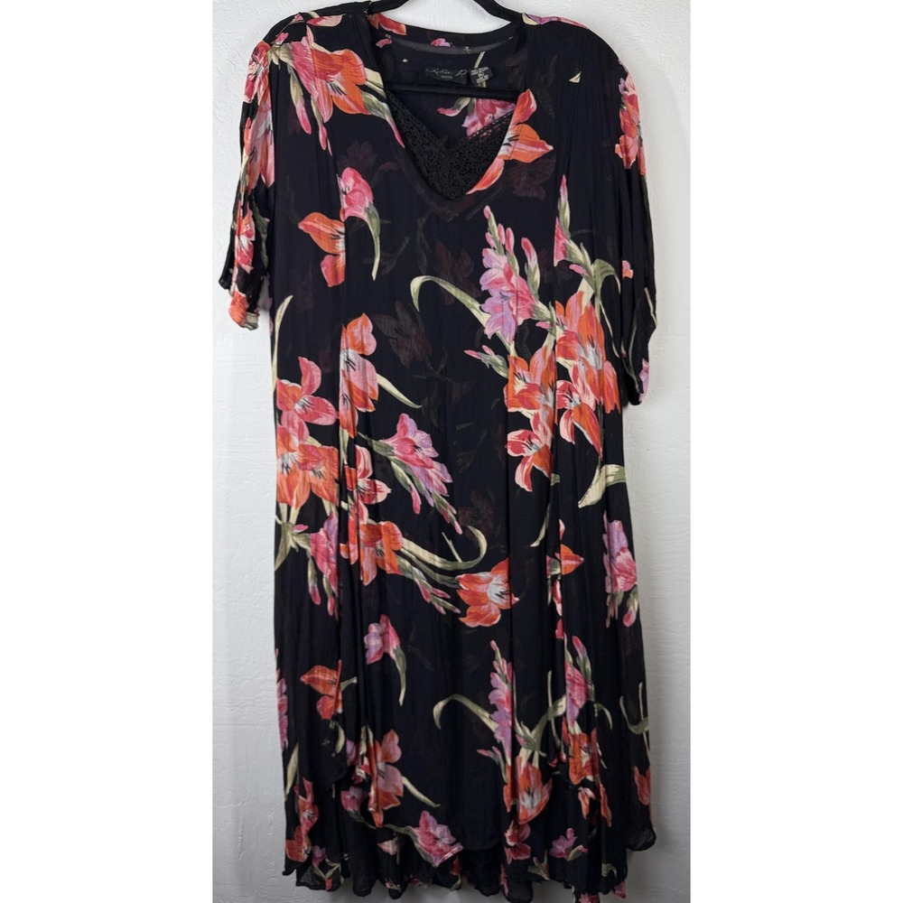 Lola P Dress Womens Petite Large Floral Lace Midi Tie Waist Boho‎ Summer Rayon